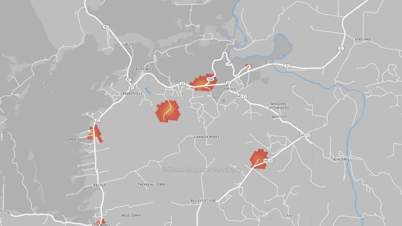 Walk Grade map of Blackwell, MO, walkable areas in green and car-dependent areas in red