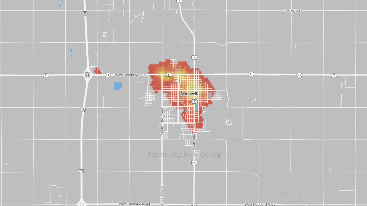 Walk Grade map of Blackwell, OK, walkable areas in green and car-dependent areas in red