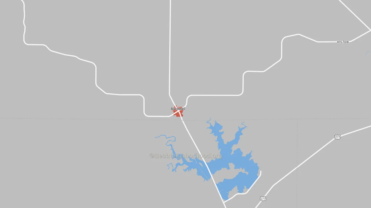 Walk Grade map of Blackwell, TX, walkable areas in green and car-dependent areas in red