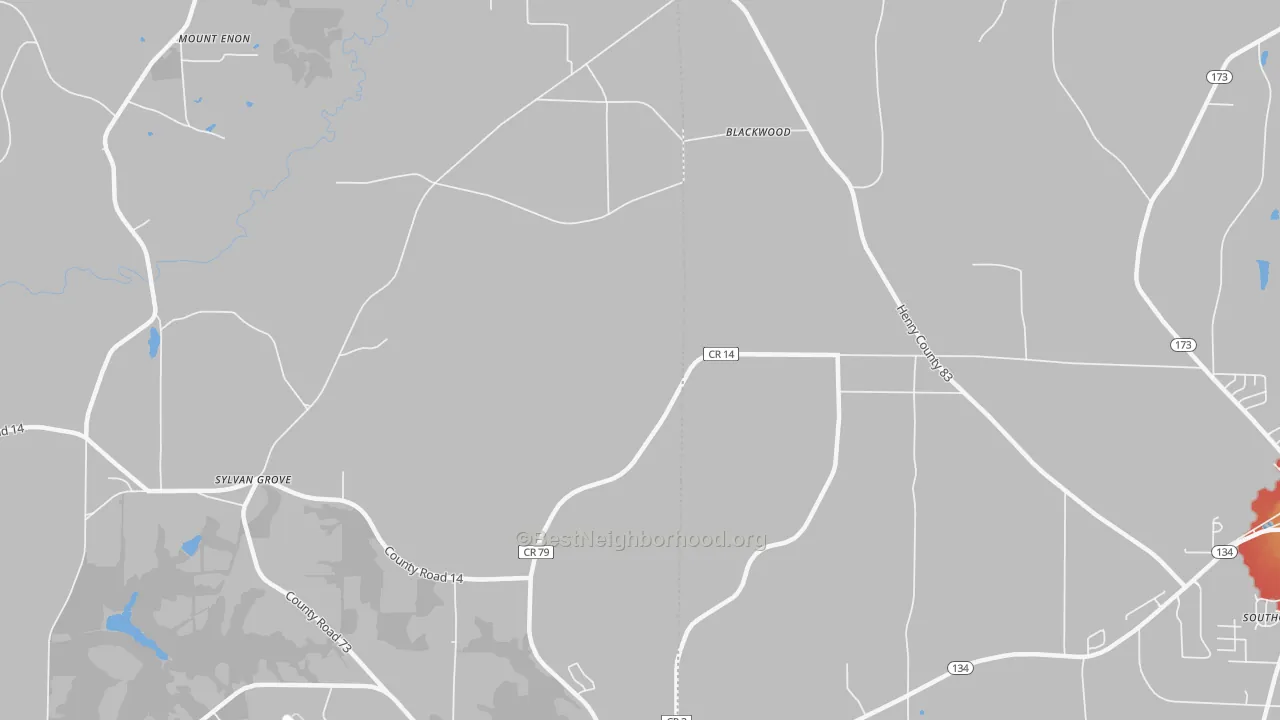 Walk Grade map of Blackwood, AL, walkable areas in green and car-dependent areas in red