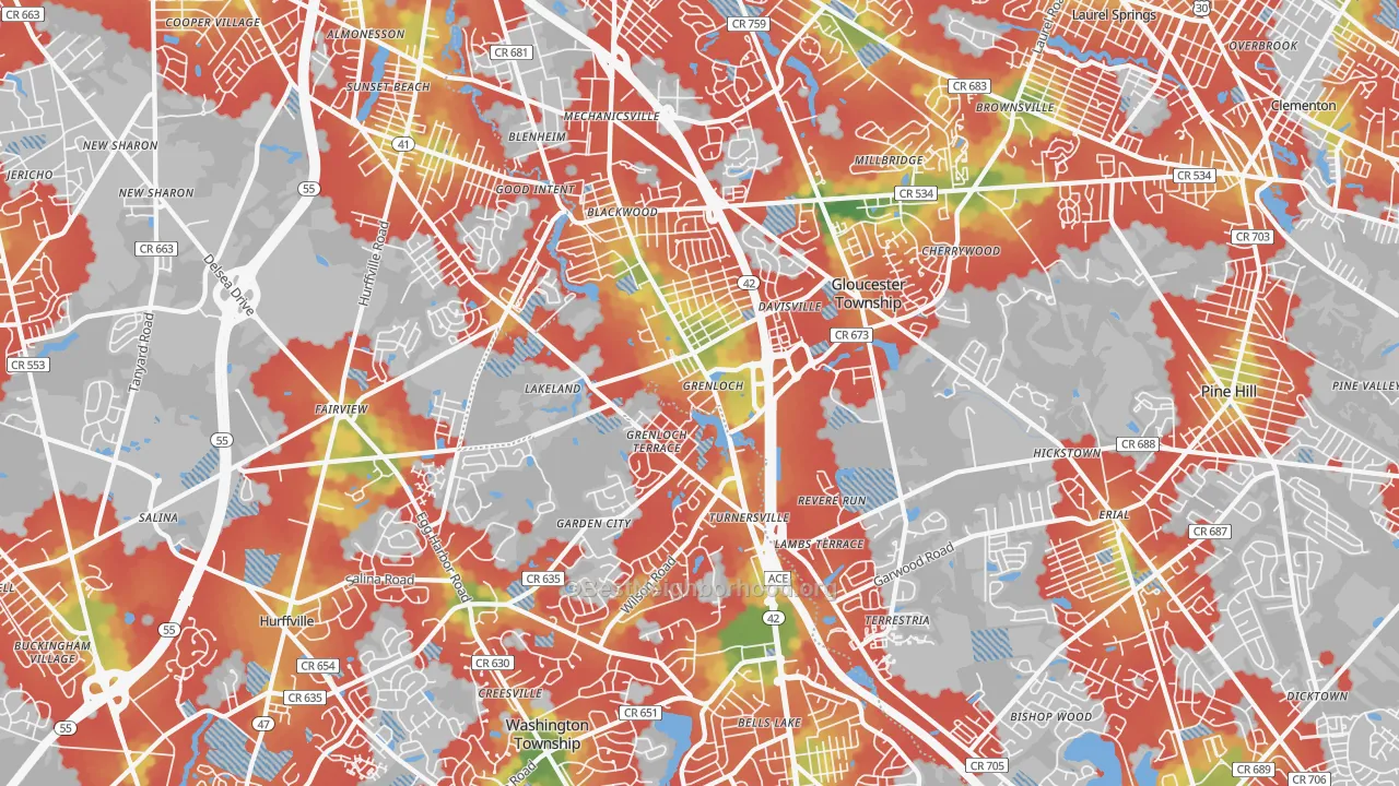 Walk Grade map of Blackwood, NJ, walkable areas in green and car-dependent areas in red