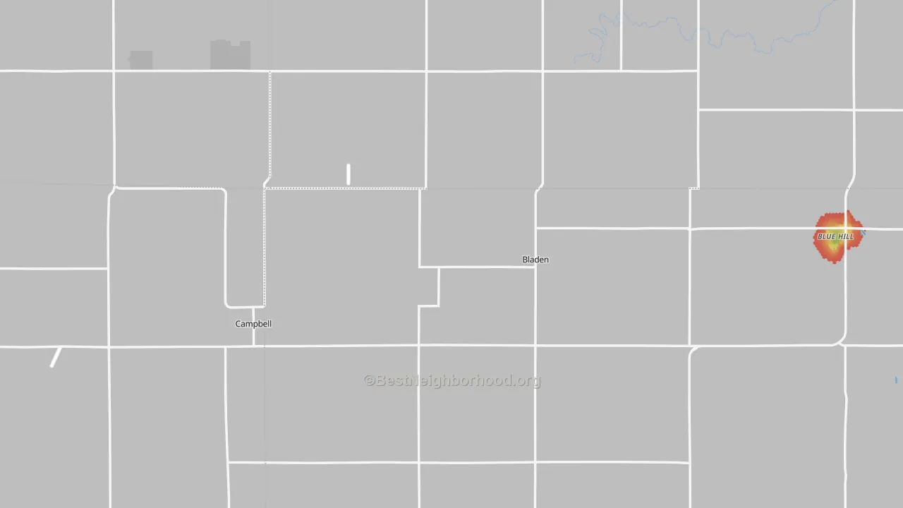 Walk Grade map of Bladen, NE, walkable areas in green and car-dependent areas in red