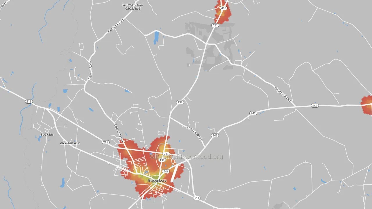 Walk Grade map of Bladenboro, NC, walkable areas in green and car-dependent areas in red