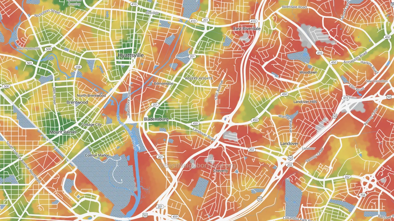 Walk Grade map of Bladensburg, MD, walkable areas in green and car-dependent areas in red