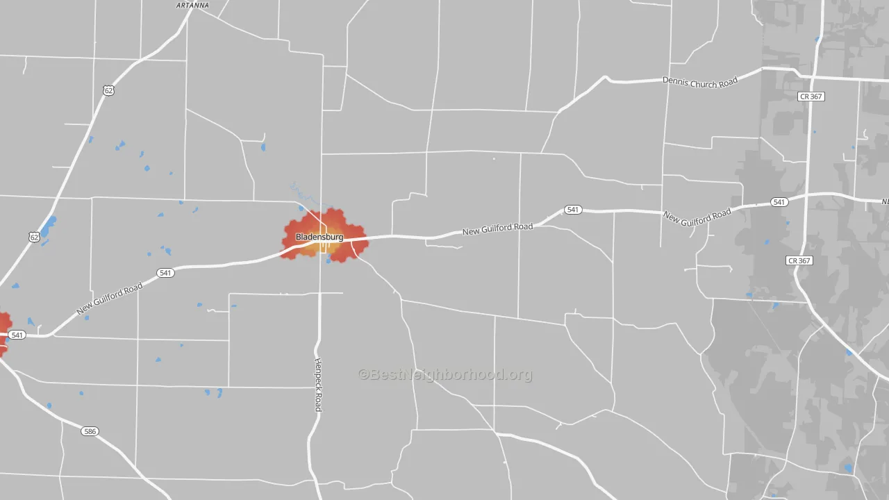 Walk Grade map of Bladensburg, OH, walkable areas in green and car-dependent areas in red