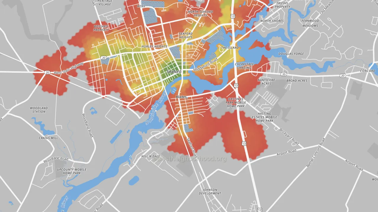 Walk Grade map of Blades, DE, walkable areas in green and car-dependent areas in red