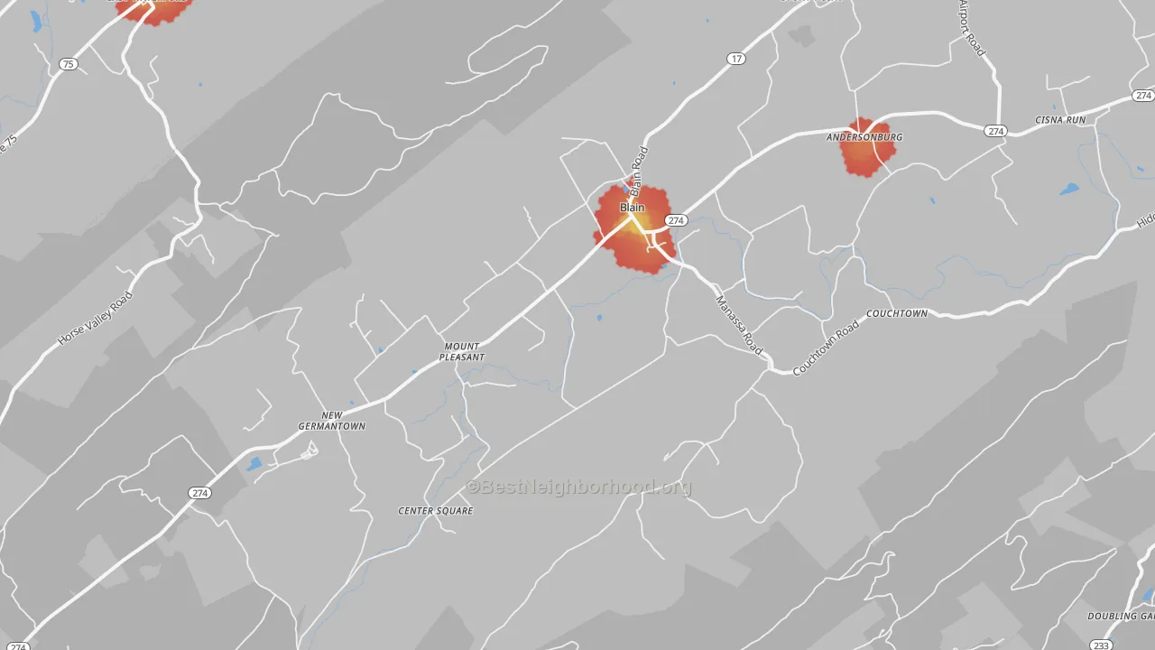 Walk Grade map of Blain, PA, walkable areas in green and car-dependent areas in red