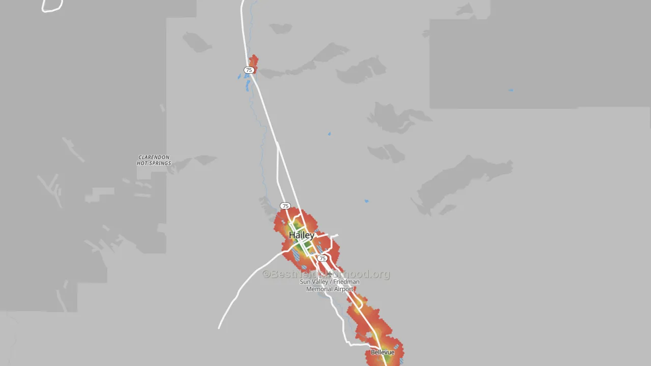 Walk Grade map of Blaine County, ID, walkable areas in green and car-dependent areas in red
