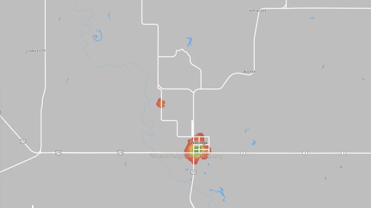 Walk Grade map of Blaine County, OK, walkable areas in green and car-dependent areas in red