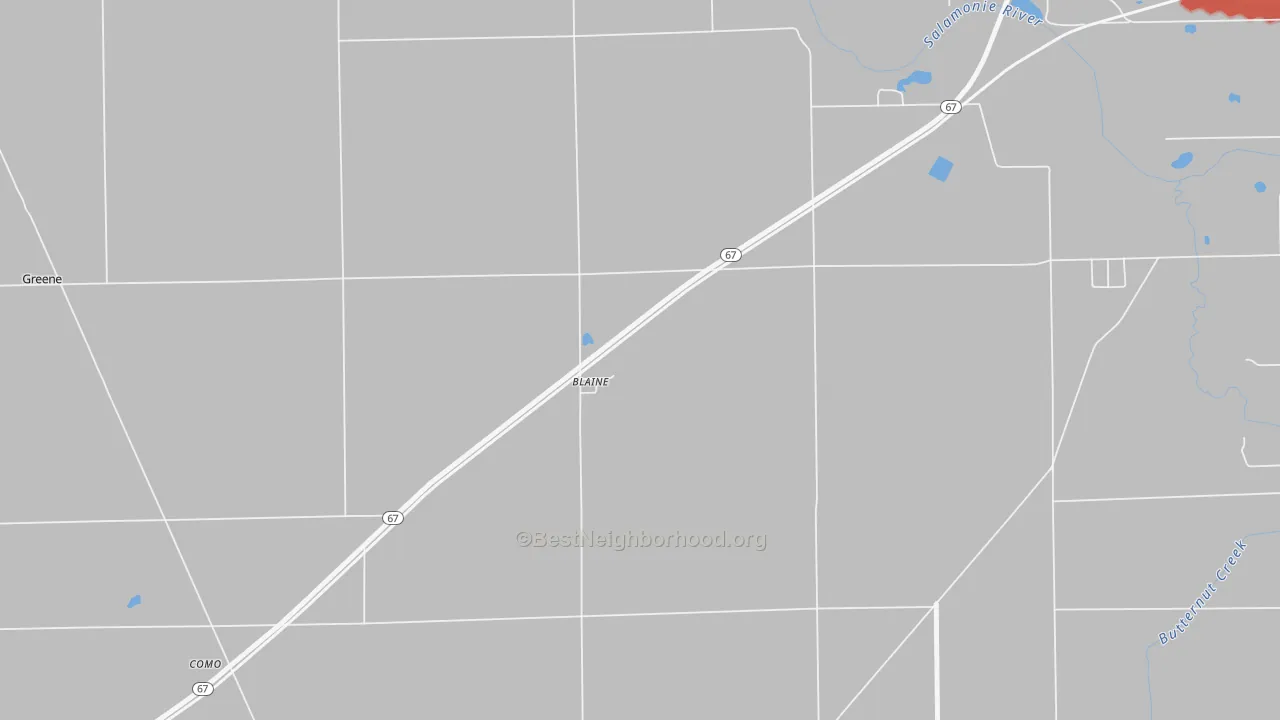 Walk Grade map of Blaine, IN, walkable areas in green and car-dependent areas in red