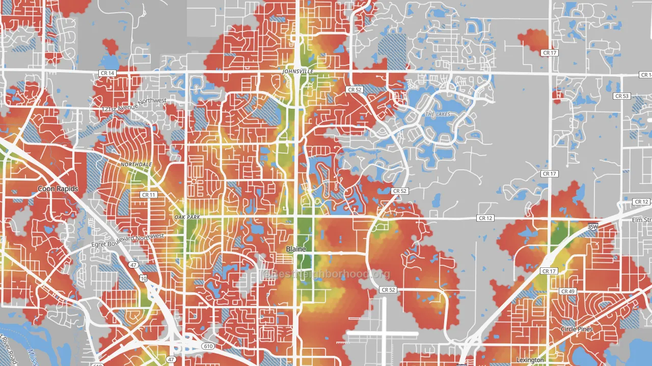 Walk Grade map of Blaine, MN, walkable areas in green and car-dependent areas in red