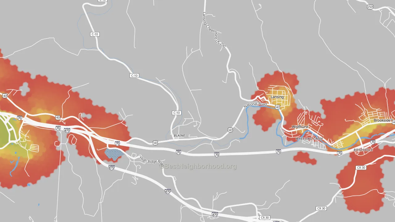 Walk Grade map of Blaine, OH, walkable areas in green and car-dependent areas in red