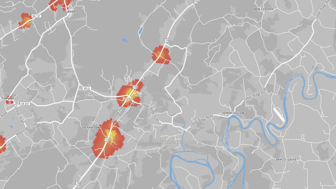 Walk Grade map of Blaine, TN, walkable areas in green and car-dependent areas in red