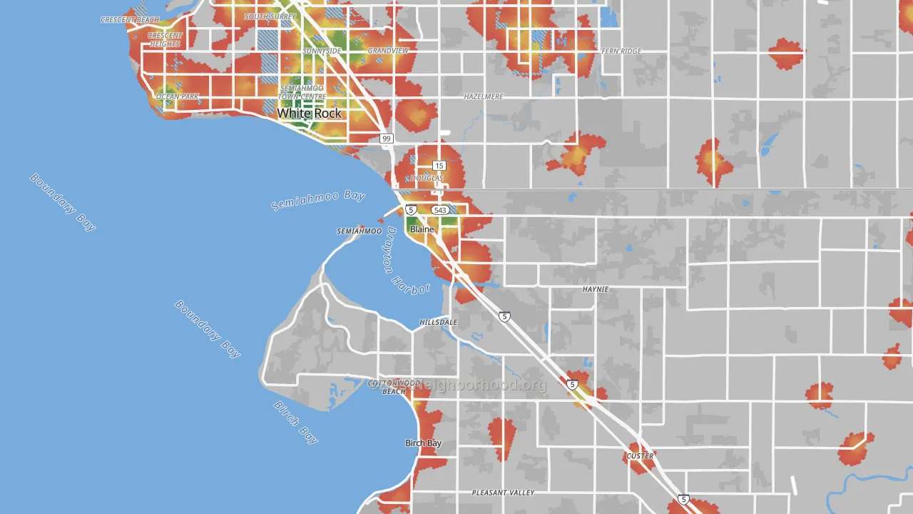 Walk Grade map of Blaine, WA, walkable areas in green and car-dependent areas in red