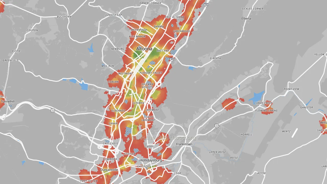 Walk Grade map of Blair County, PA, walkable areas in green and car-dependent areas in red