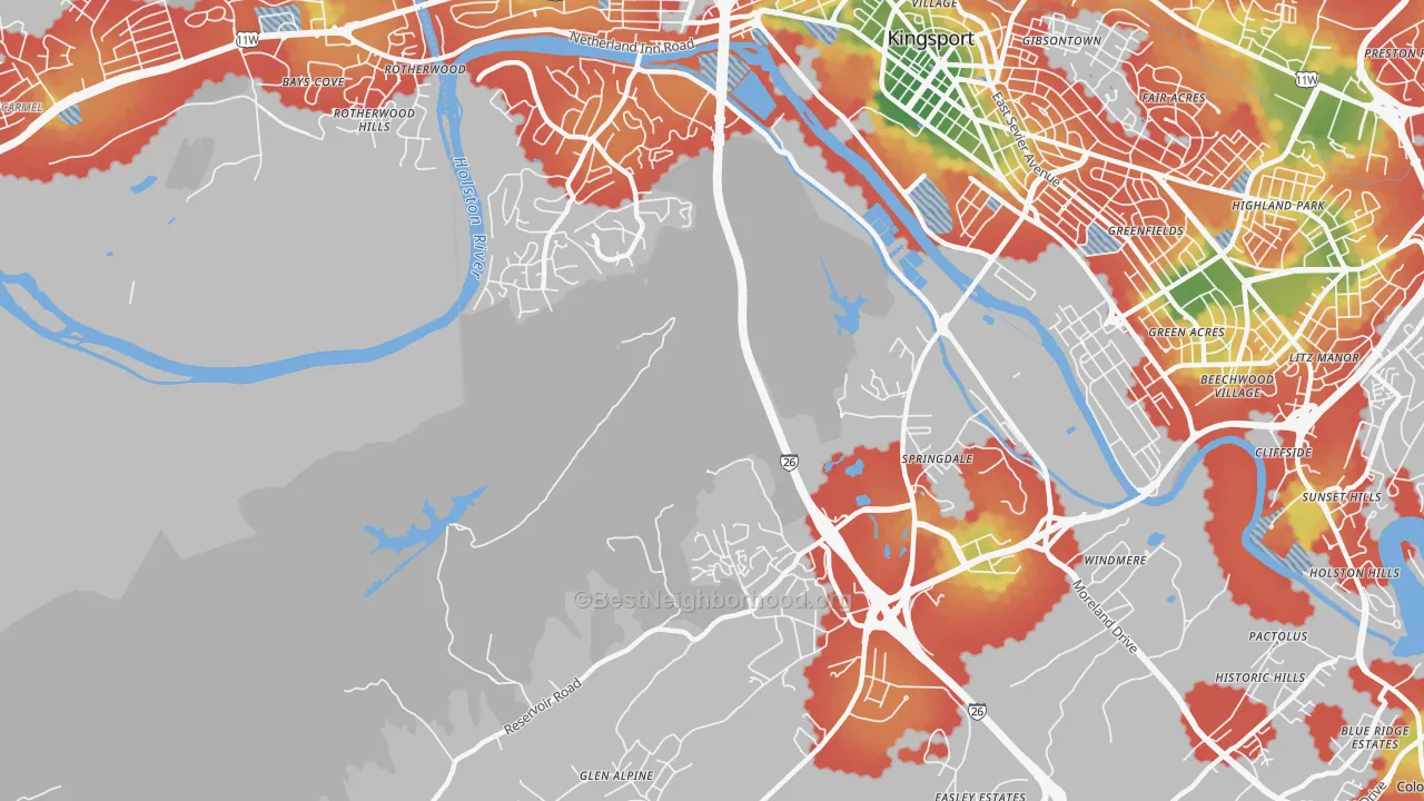 Walk Grade map of Blair Gap, TN, walkable areas in green and car-dependent areas in red