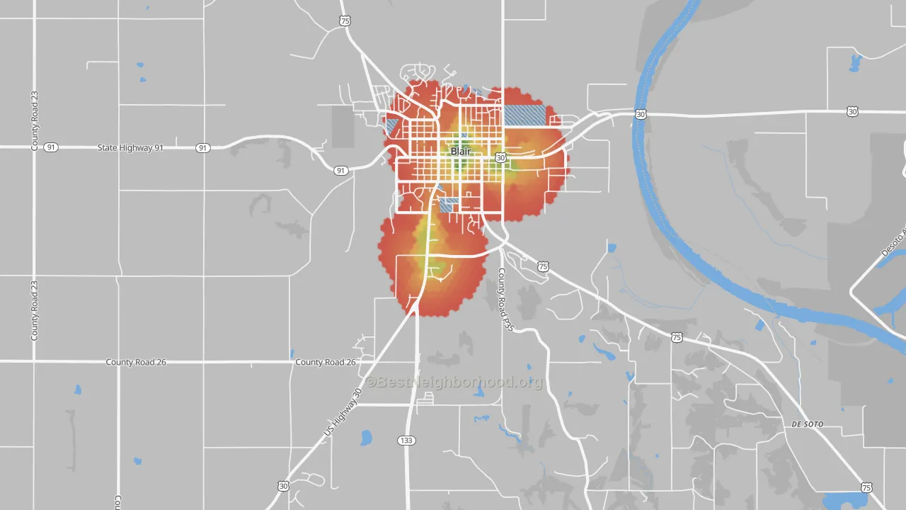 Walk Grade map of Blair, NE, walkable areas in green and car-dependent areas in red