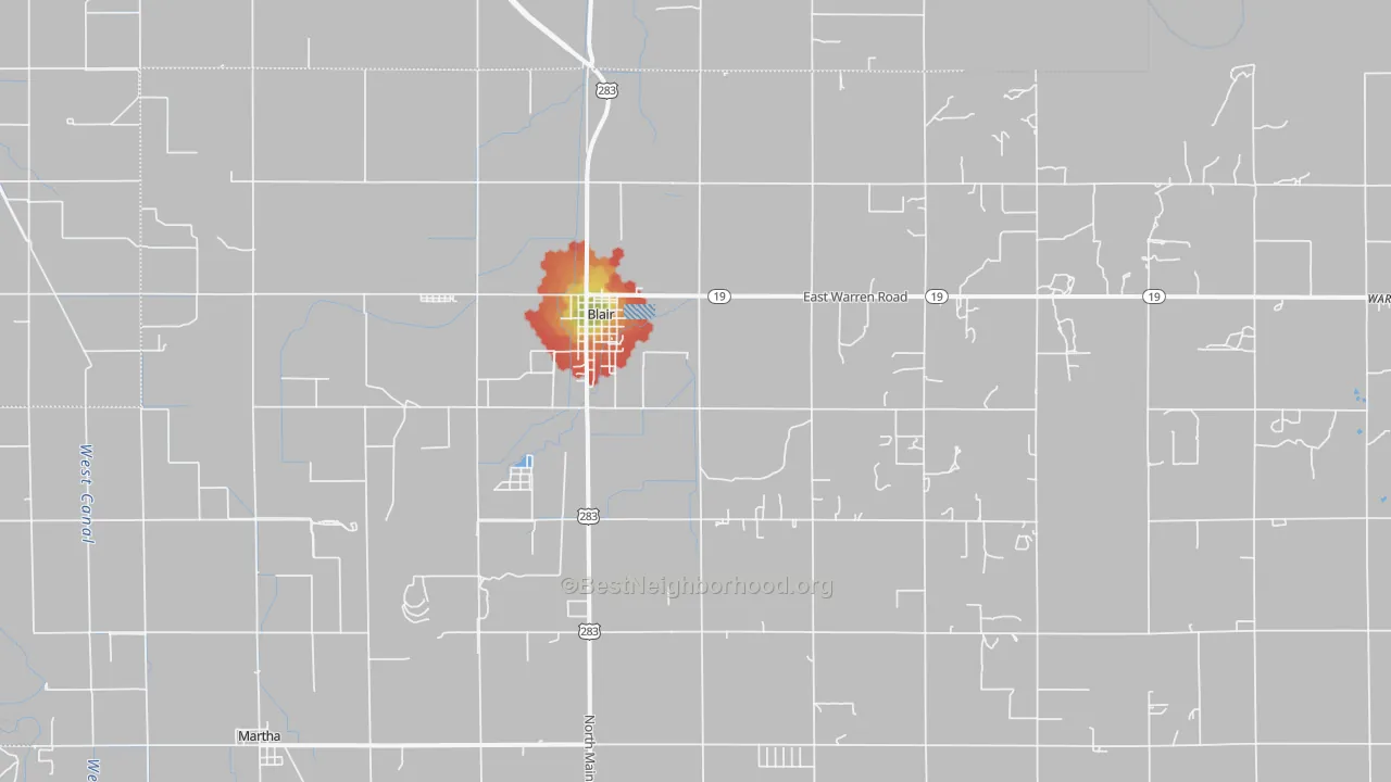 Walk Grade map of Blair, OK, walkable areas in green and car-dependent areas in red