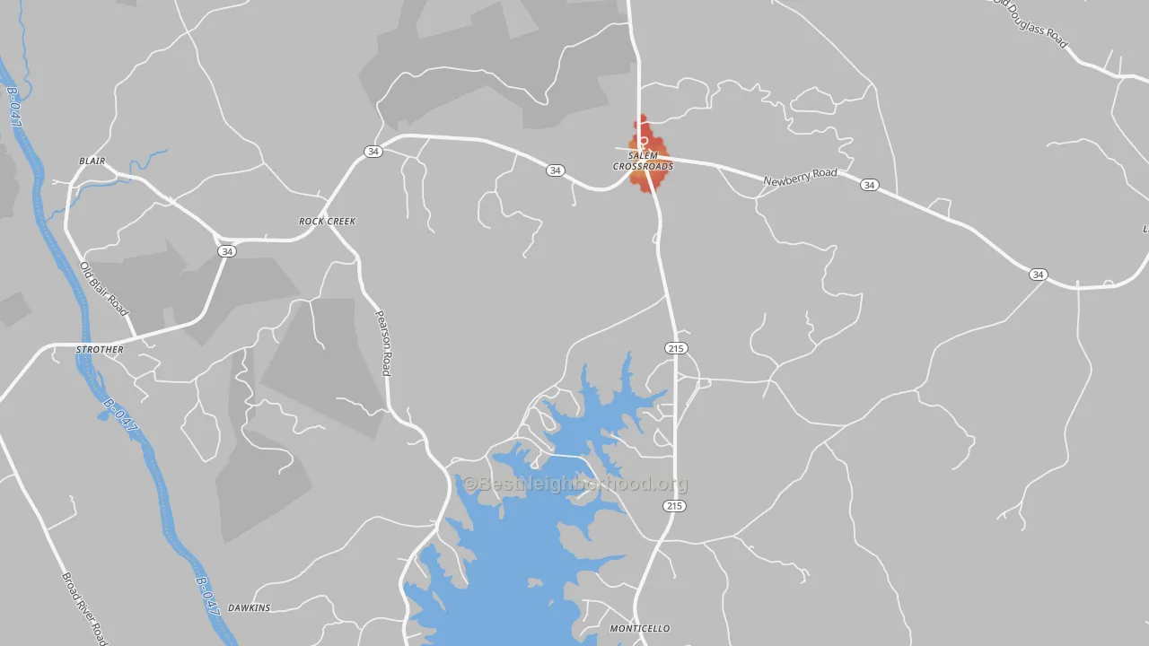 Walk Grade map of Blair, SC, walkable areas in green and car-dependent areas in red