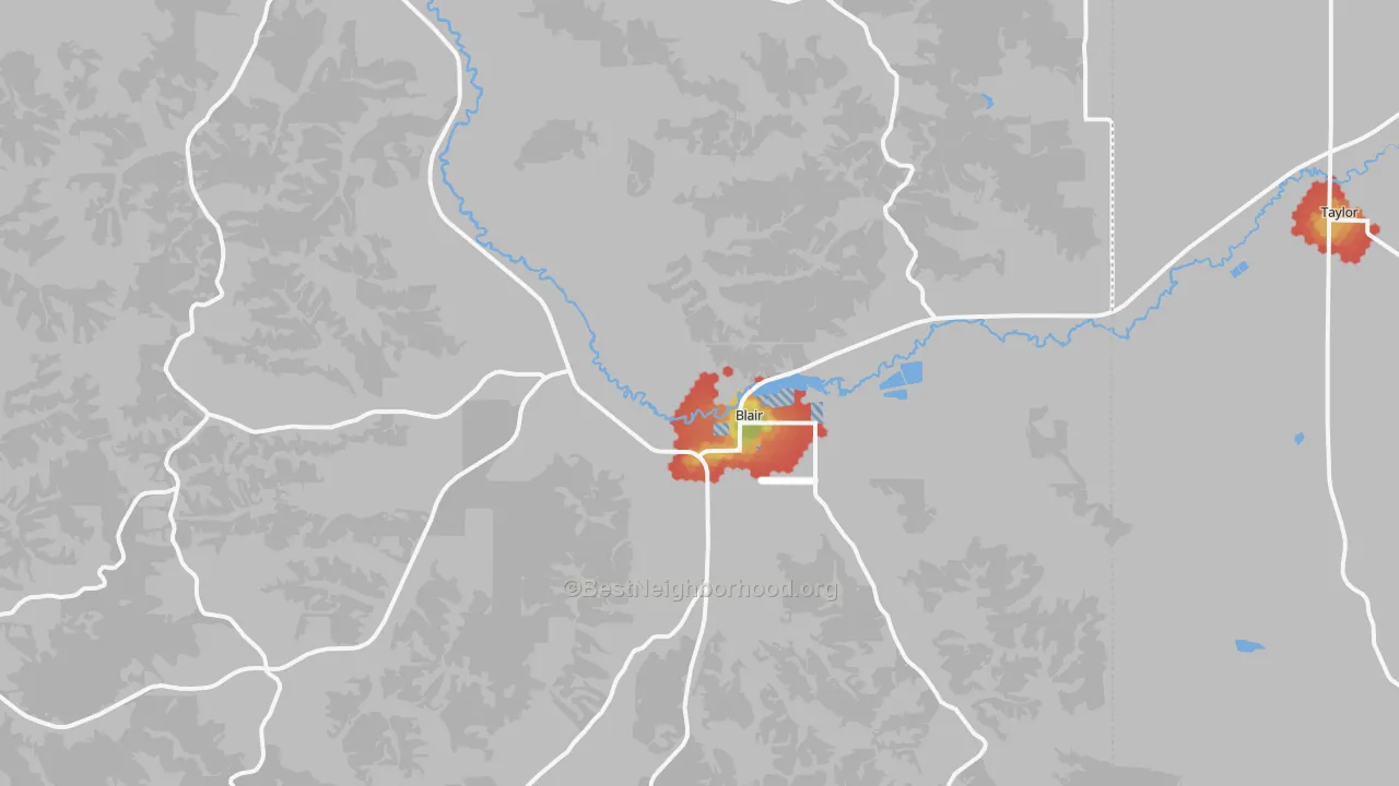 Walk Grade map of Blair, WI, walkable areas in green and car-dependent areas in red