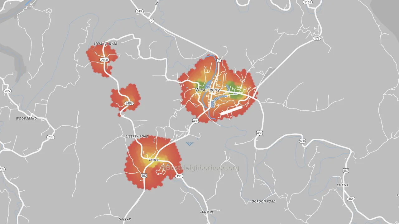 Walk Grade map of Blairs Mill, KY, walkable areas in green and car-dependent areas in red