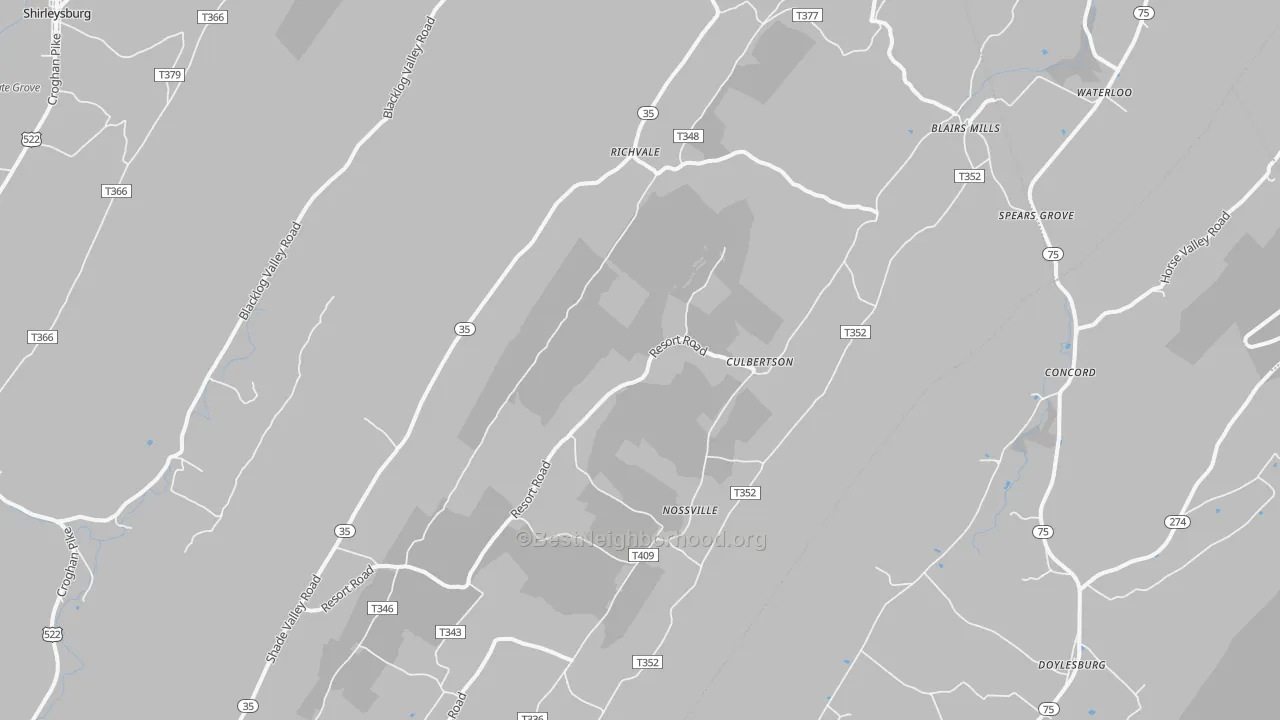 Walk Grade map of Blairs Mills, PA, walkable areas in green and car-dependent areas in red