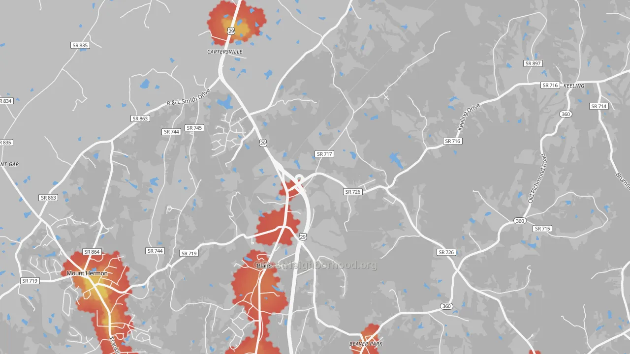 Walk Grade map of Blairs, VA, walkable areas in green and car-dependent areas in red