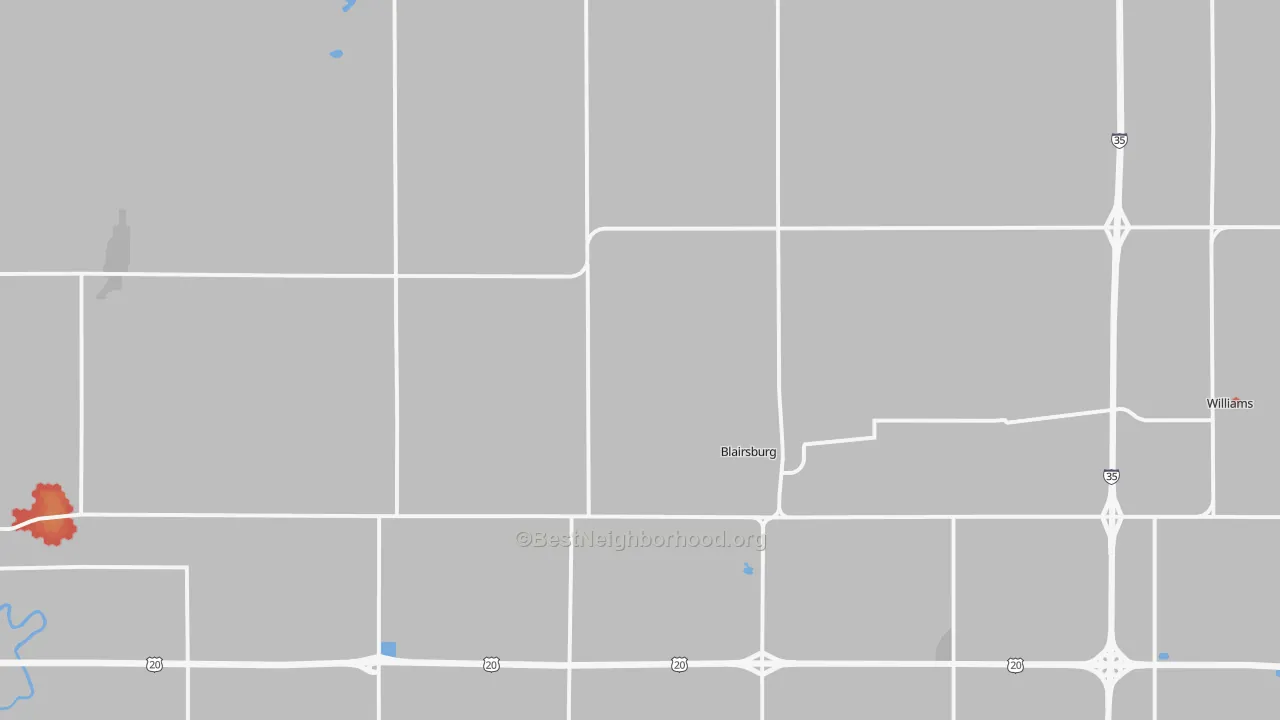 Walk Grade map of Blairsburg, IA, walkable areas in green and car-dependent areas in red