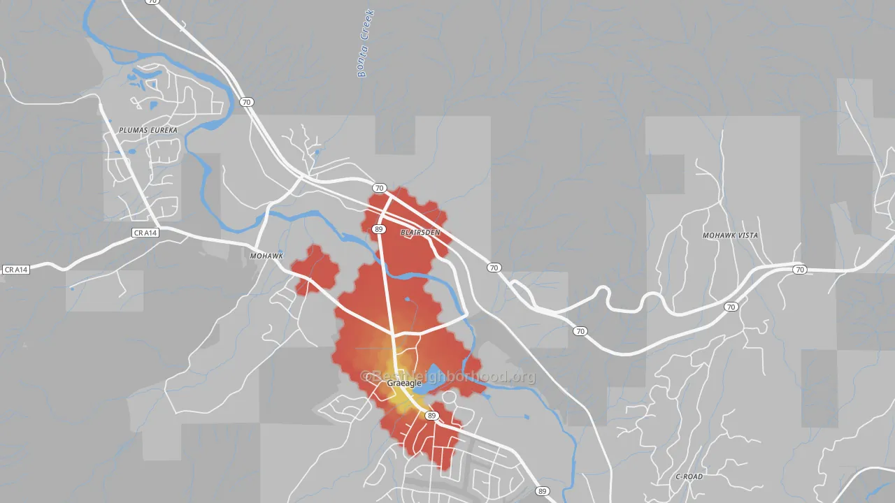 Walk Grade map of Blairsden, CA, walkable areas in green and car-dependent areas in red