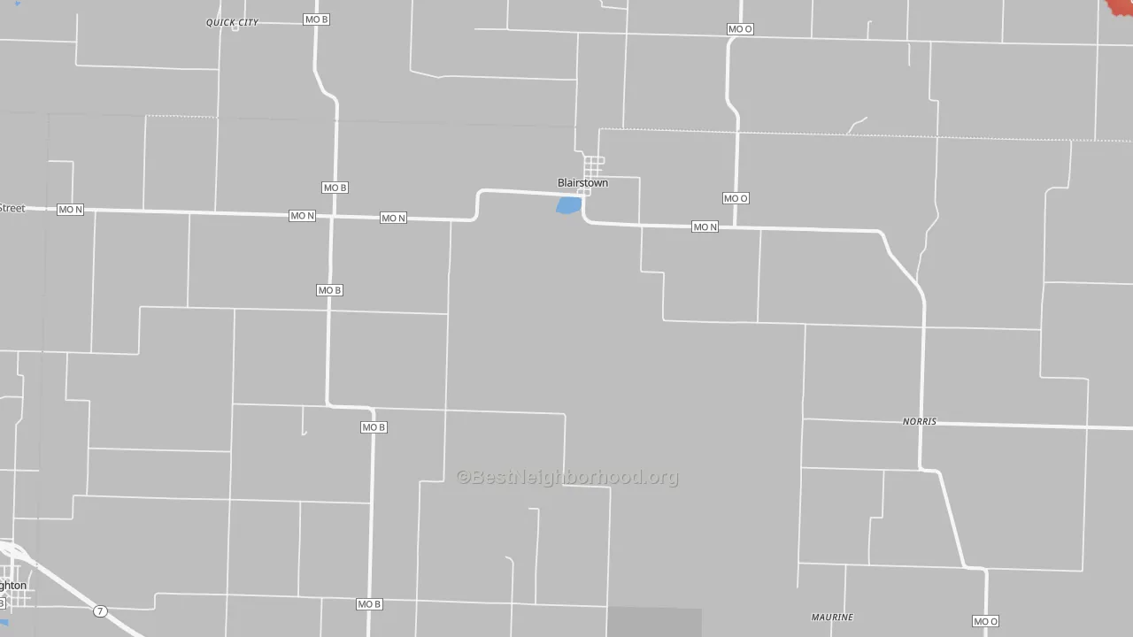 Walk Grade map of Blairstown, MO, walkable areas in green and car-dependent areas in red
