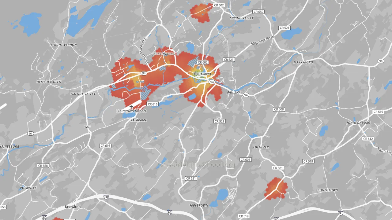 Walk Grade map of Blairstown, NJ, walkable areas in green and car-dependent areas in red