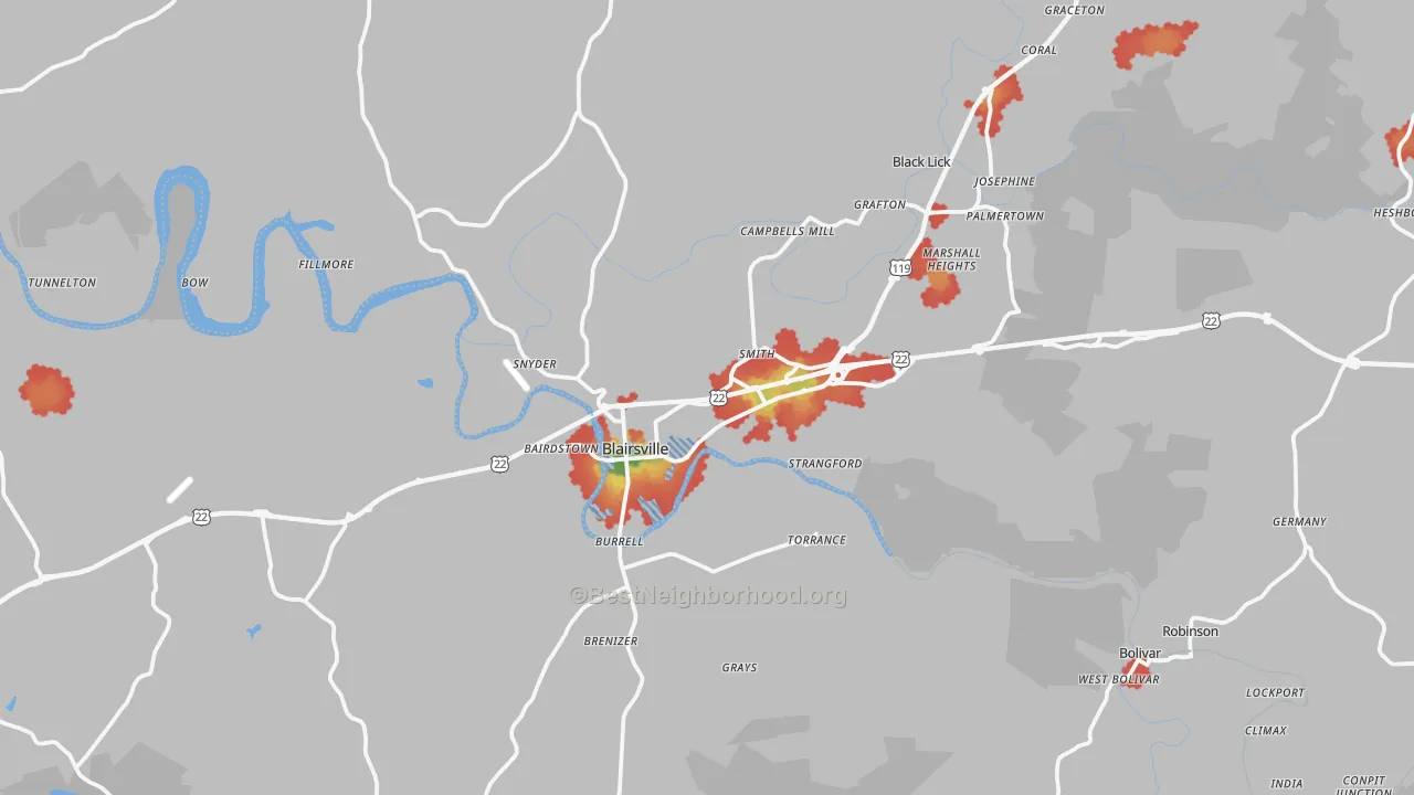 Walk Grade map of Blairsville, PA, walkable areas in green and car-dependent areas in red