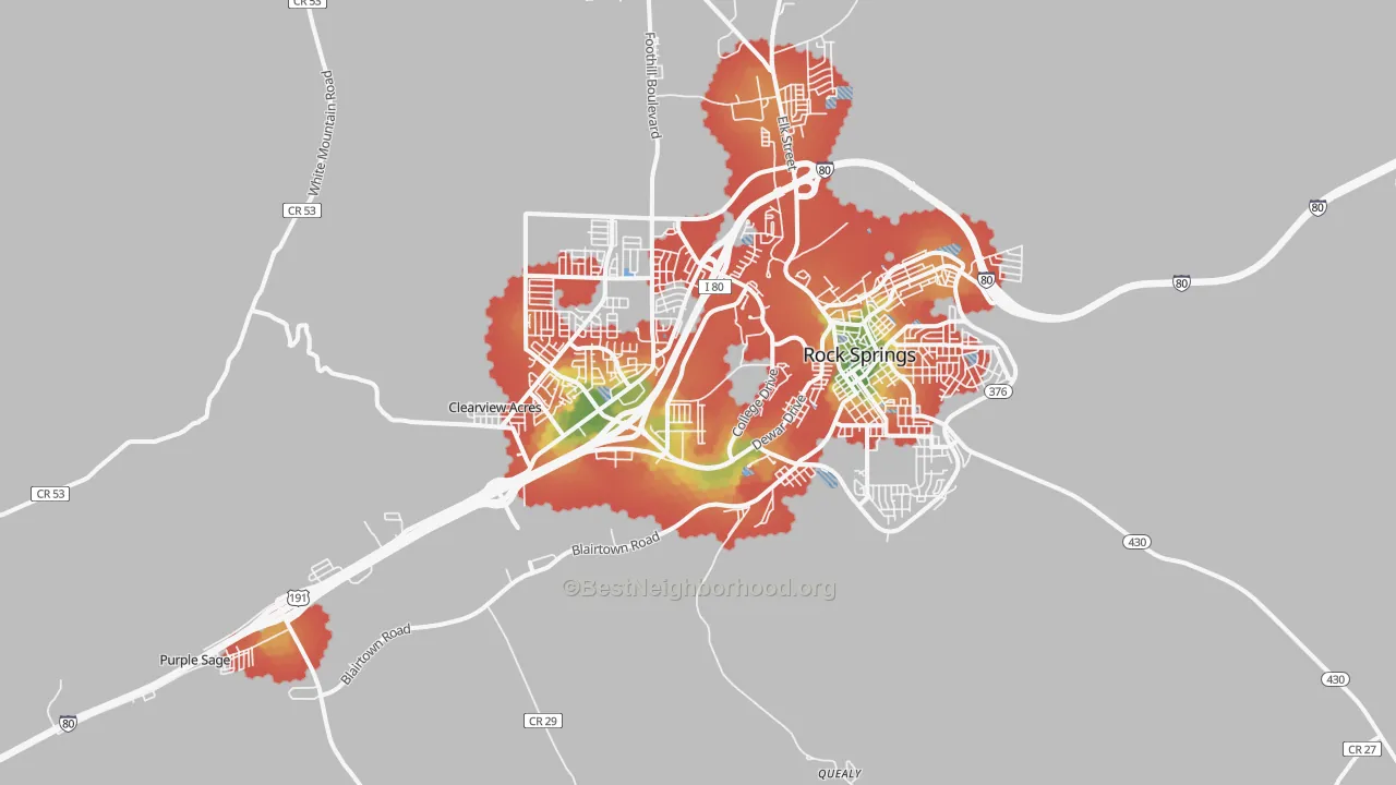 Walk Grade map of Blairtown, WY, walkable areas in green and car-dependent areas in red