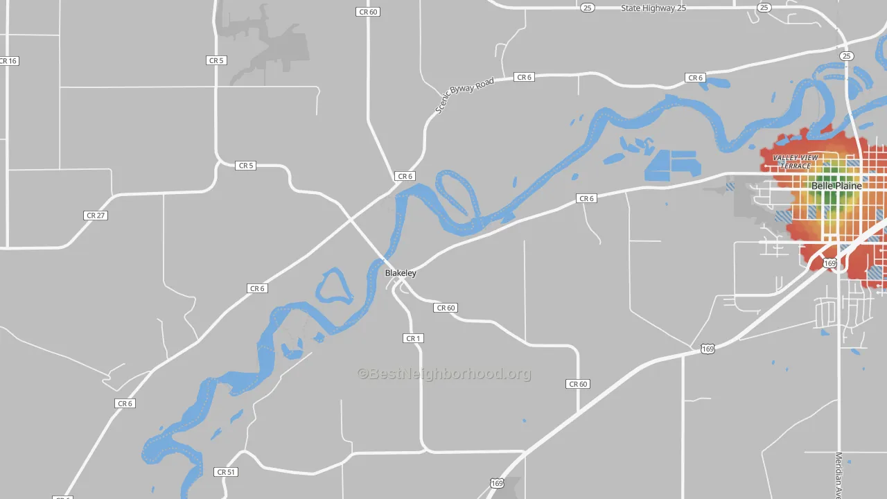 Walk Grade map of Blakeley, MN, walkable areas in green and car-dependent areas in red