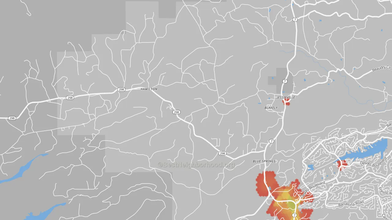 Walk Grade map of Blakely, AR, walkable areas in green and car-dependent areas in red