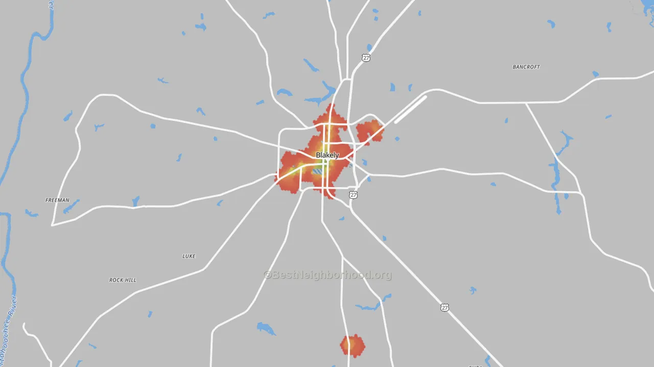 Walk Grade map of Blakely, GA, walkable areas in green and car-dependent areas in red