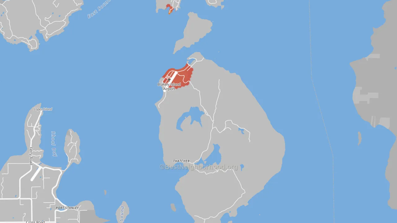 Walk Grade map of Blakely Island, WA, walkable areas in green and car-dependent areas in red