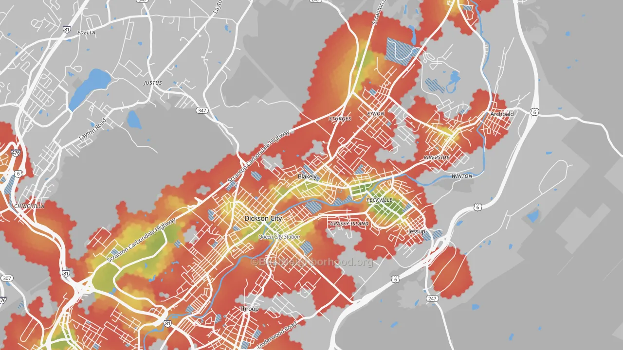 Walk Grade map of Blakely, PA, walkable areas in green and car-dependent areas in red
