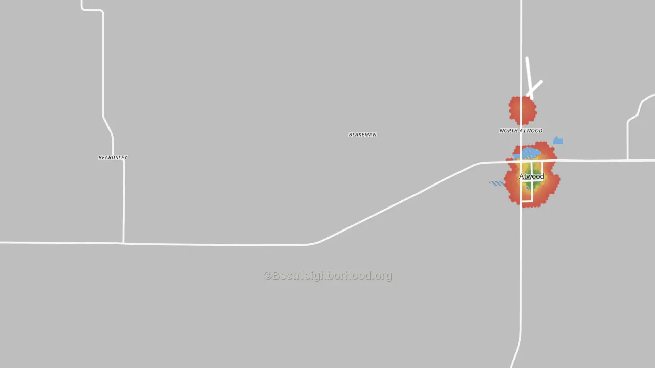 Walk Grade map of Blakeman, KS, walkable areas in green and car-dependent areas in red