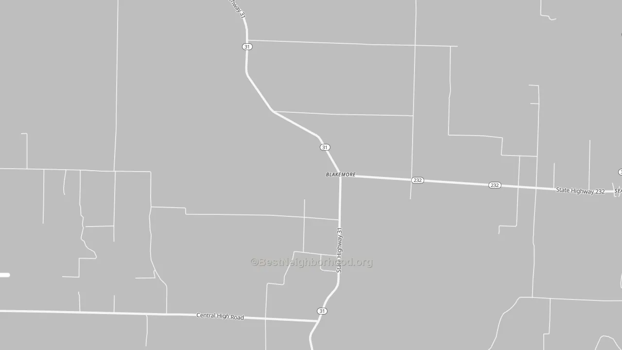 Walk Grade map of Blakemore, AR, walkable areas in green and car-dependent areas in red