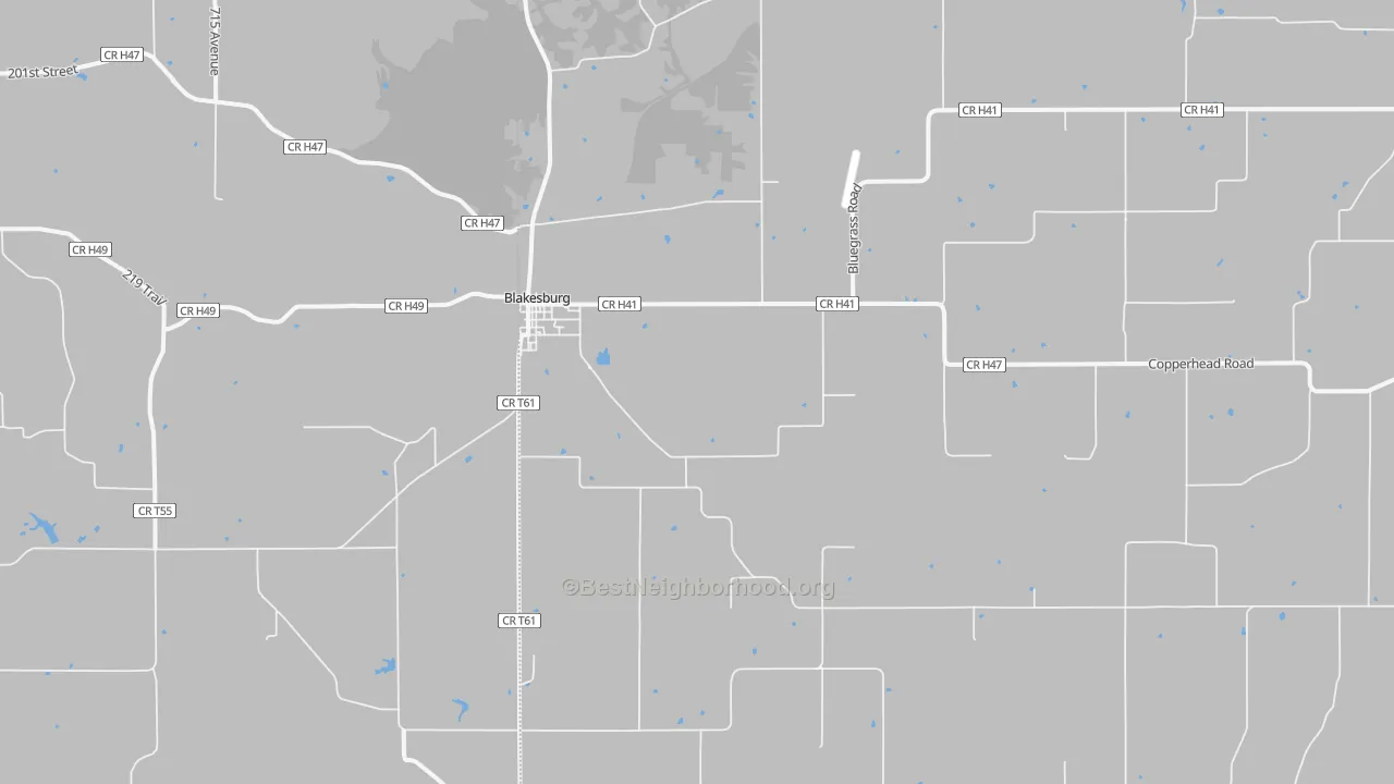 Walk Grade map of Blakesburg, IA, walkable areas in green and car-dependent areas in red