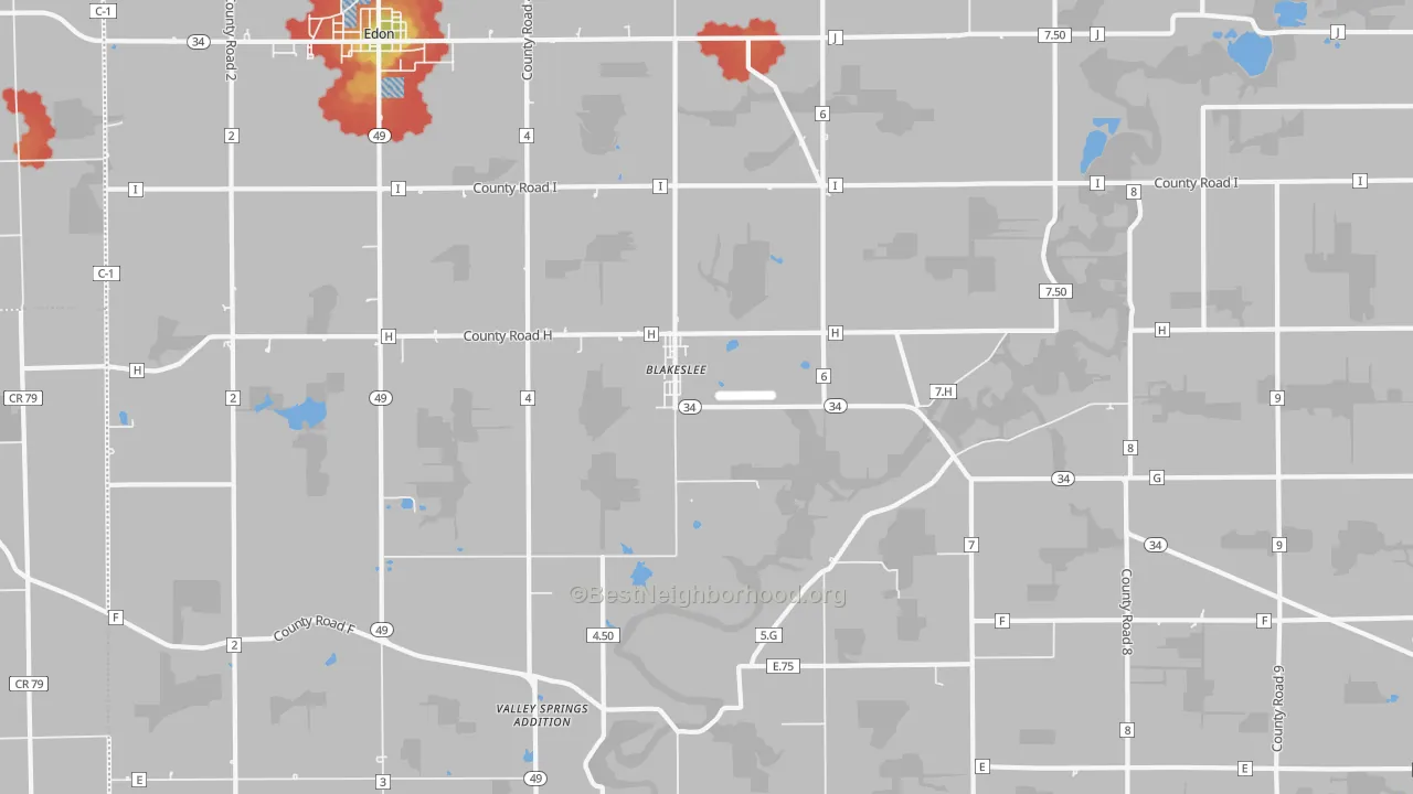Walk Grade map of Blakeslee, OH, walkable areas in green and car-dependent areas in red