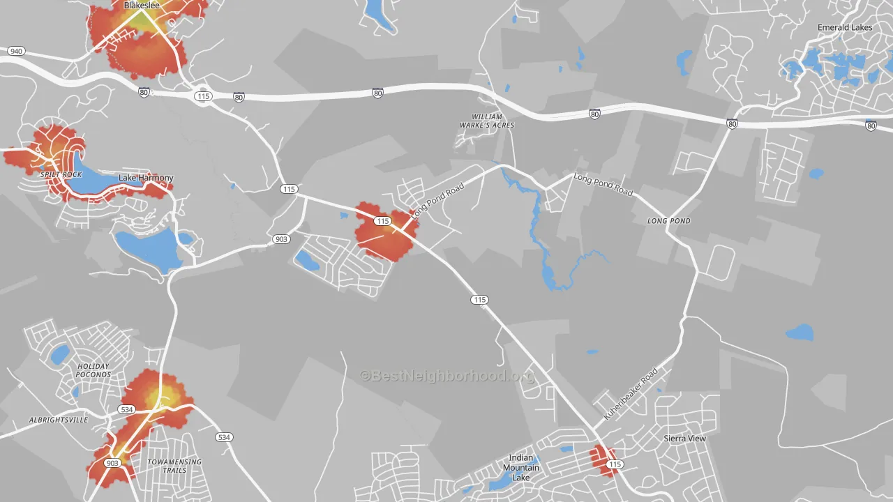 Walk Grade map of Blakeslee, PA, walkable areas in green and car-dependent areas in red
