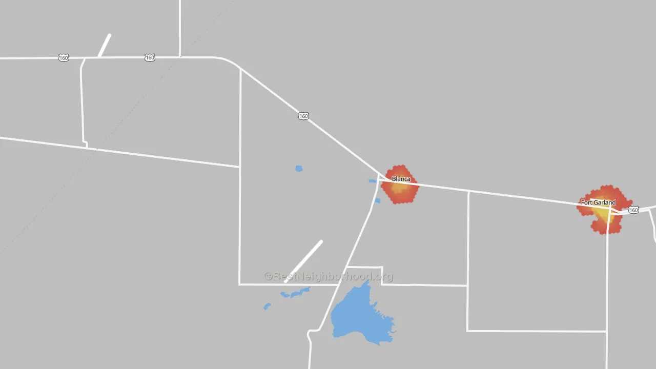 Walk Grade map of Blanca, CO, walkable areas in green and car-dependent areas in red