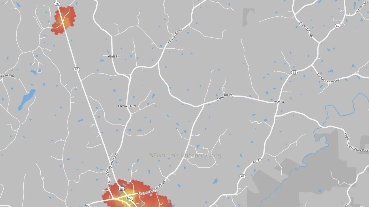 Walk Grade map of Blanch, NC, walkable areas in green and car-dependent areas in red