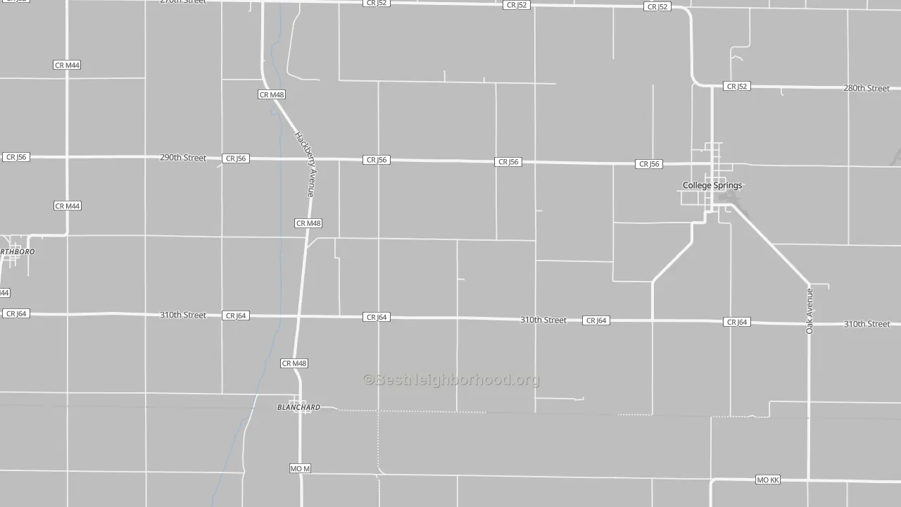 Walk Grade map of Blanchard, IA, walkable areas in green and car-dependent areas in red