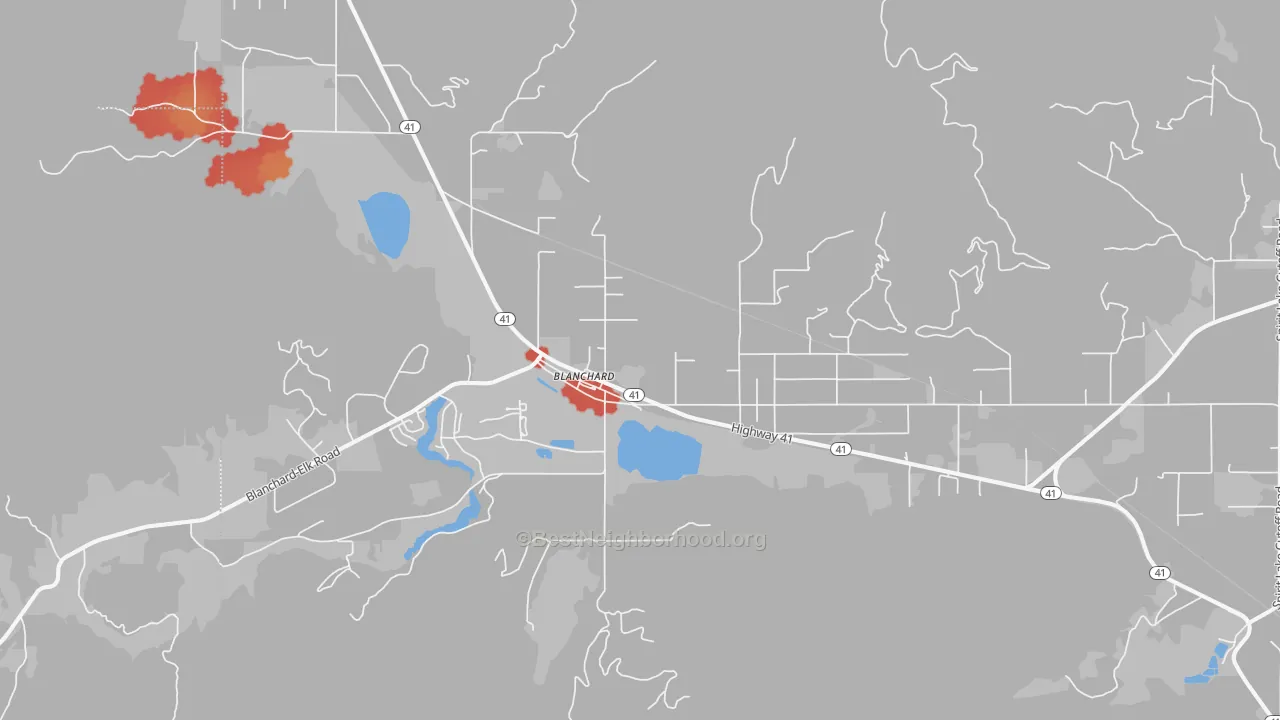 Walk Grade map of Blanchard, ID, walkable areas in green and car-dependent areas in red