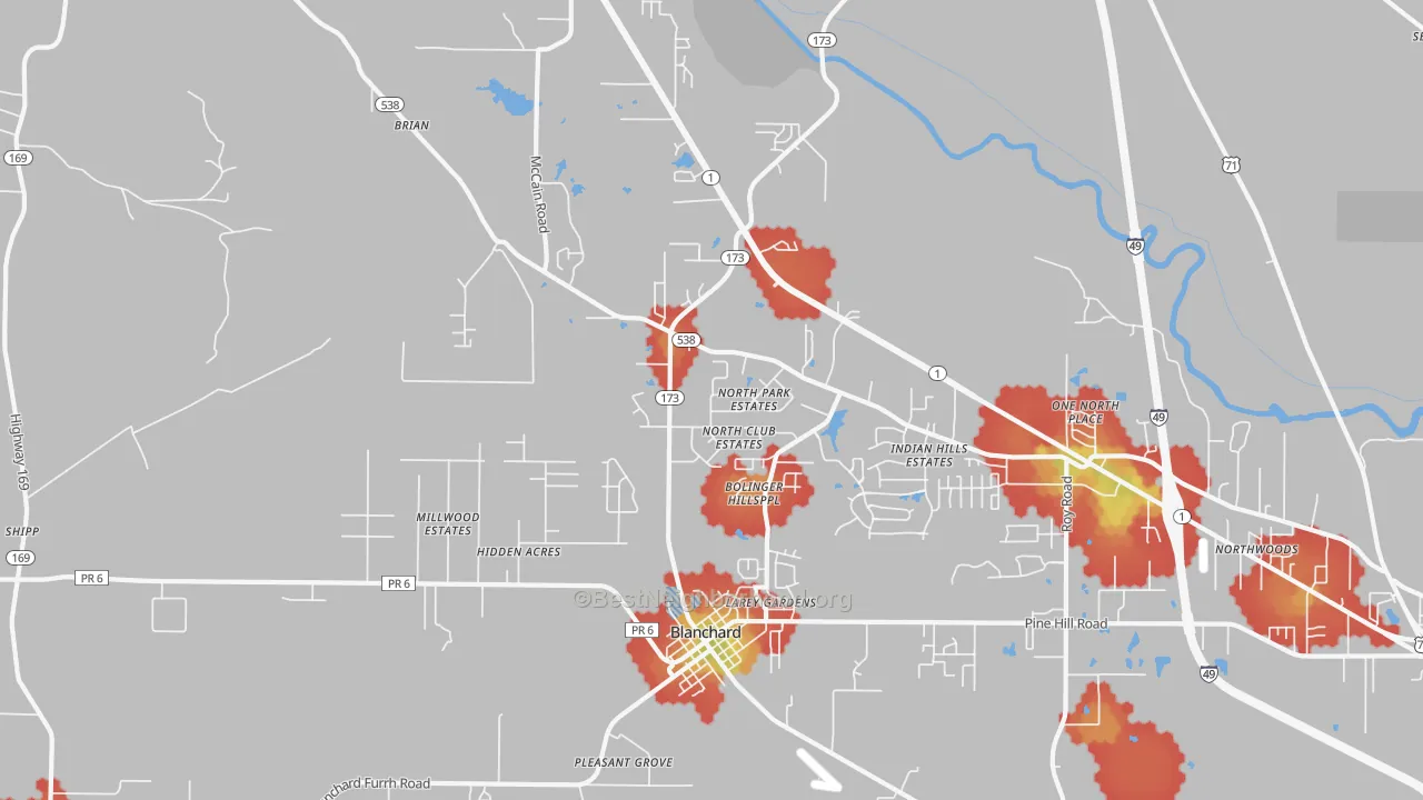 Walk Grade map of Blanchard, LA, walkable areas in green and car-dependent areas in red