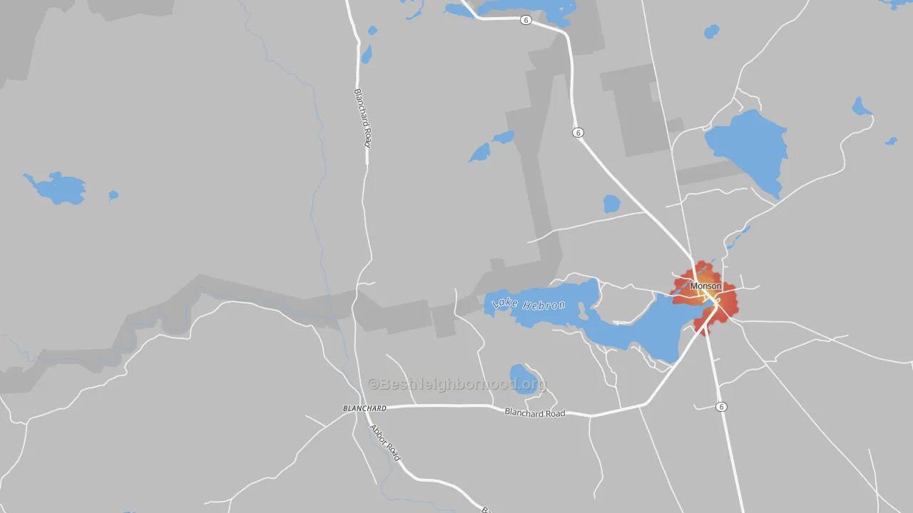 Walk Grade map of Blanchard, ME, walkable areas in green and car-dependent areas in red
