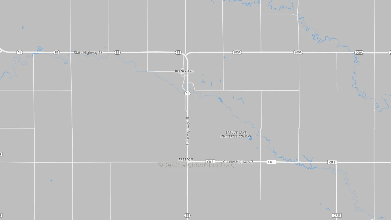 Walk Grade map of Blanchard, ND, walkable areas in green and car-dependent areas in red